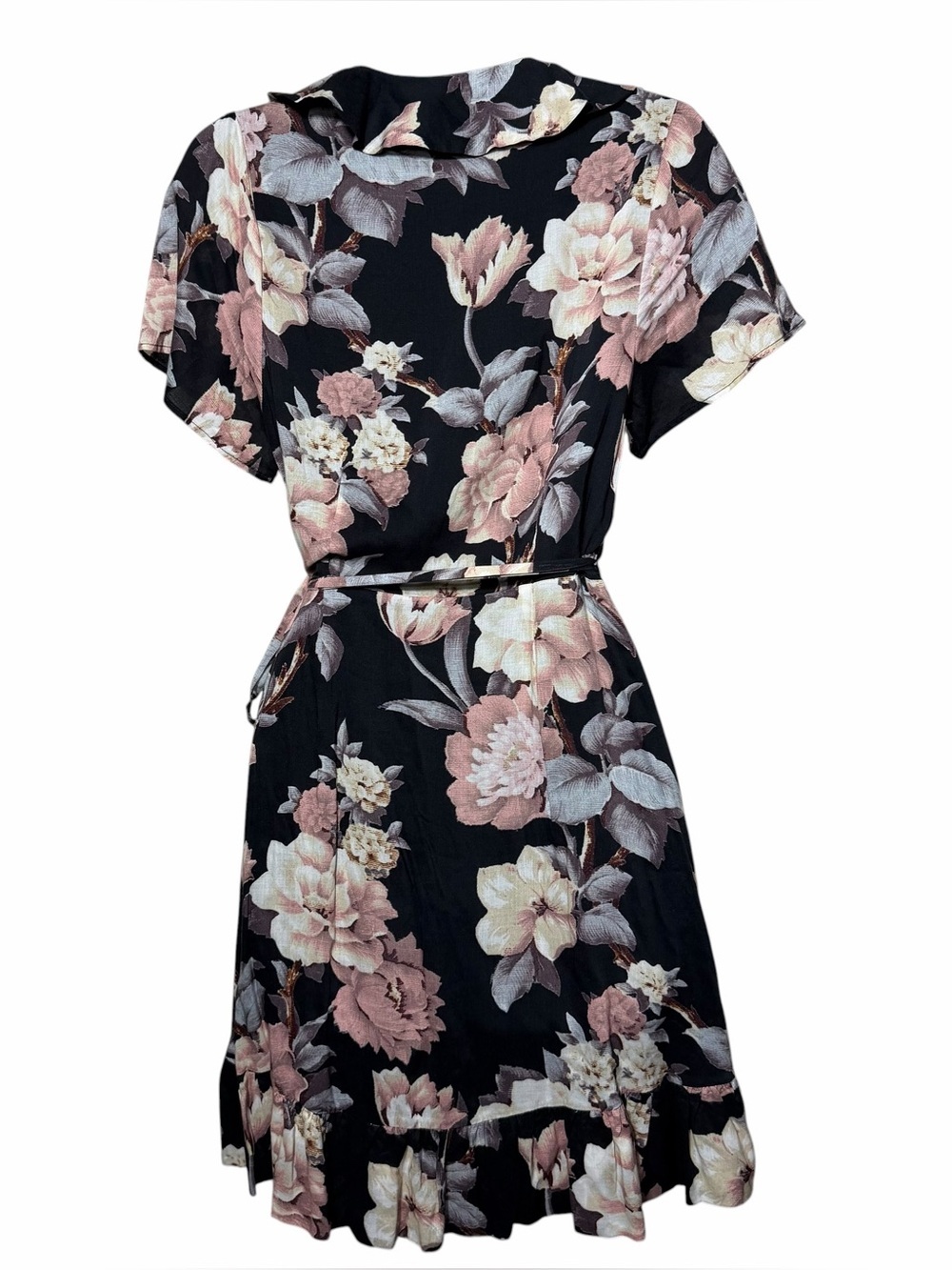 PAIGE Cardamom Floral Wrap Dress Black Evening Sand Ruffle Short Sleeve XS - Picture 9 of 15